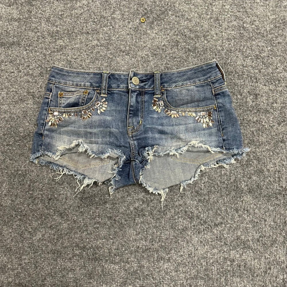 American Eagle Shorts Womens Size 2 Blue Denim Rhinestone Embellished Cut Off
